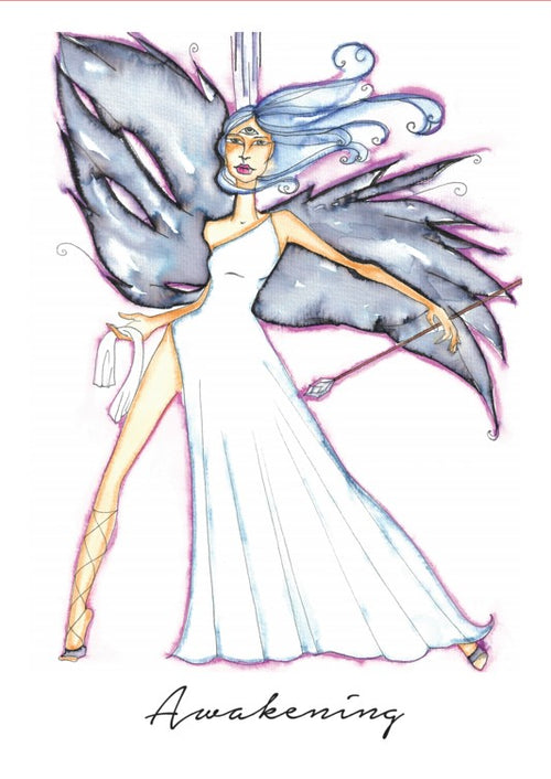 Fantasy fairy with large butterfly wings and a flowing dress, labeled 'Awakening'.